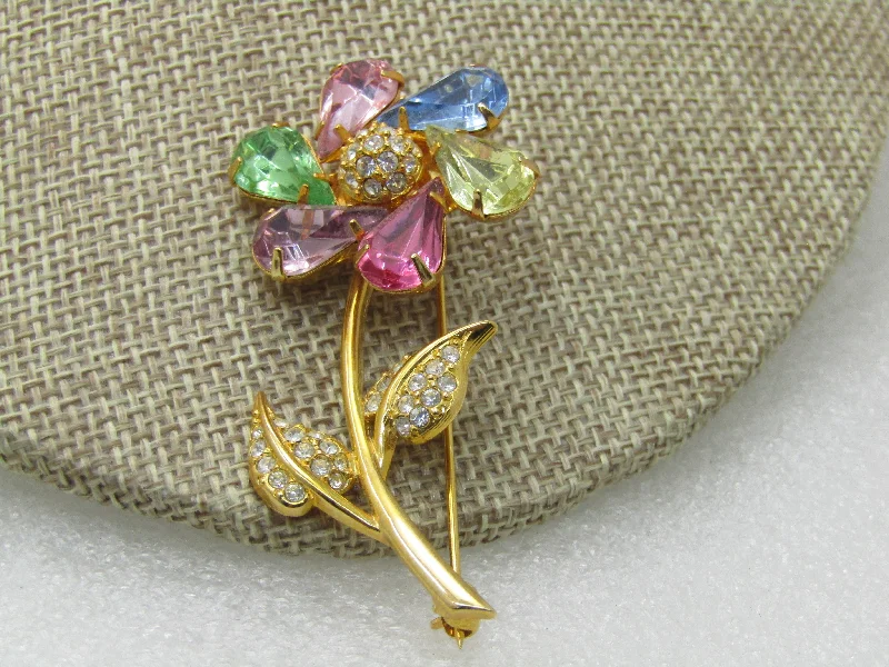 Embellished brooch-Vintage Joan Rivers Rhinestone Spinning Floral Brooch, Pinwheel, Pastels, gold tone. 2.5"