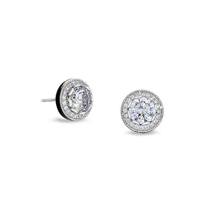 Elegant hoop earrings with diamonds -Platinum Finish Sterling Silver Micropave Round Halo Earrings with Simulated Diamonds