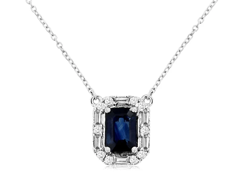 Unique statement necklaces with mixed materials -White Gold Sapphire An Diamond Halo Necklace