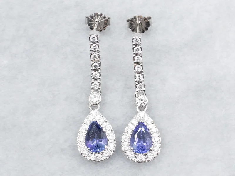 Sterling silver earrings for delicate beauty -Stunning Tanzanite and Diamond Halo Drop Earrings