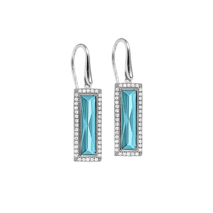 Colorful gemstone earrings for festival fashion -Rhodium Finish Sterling Silver Earrings with Rectangular Simulated Aquamarine Stones and Simulated Diamonds