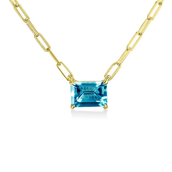 Gold chain necklaces for everyday wear -Emerald Cut Blue Topaz Paperclip Necklace in 14K Yellow Gold