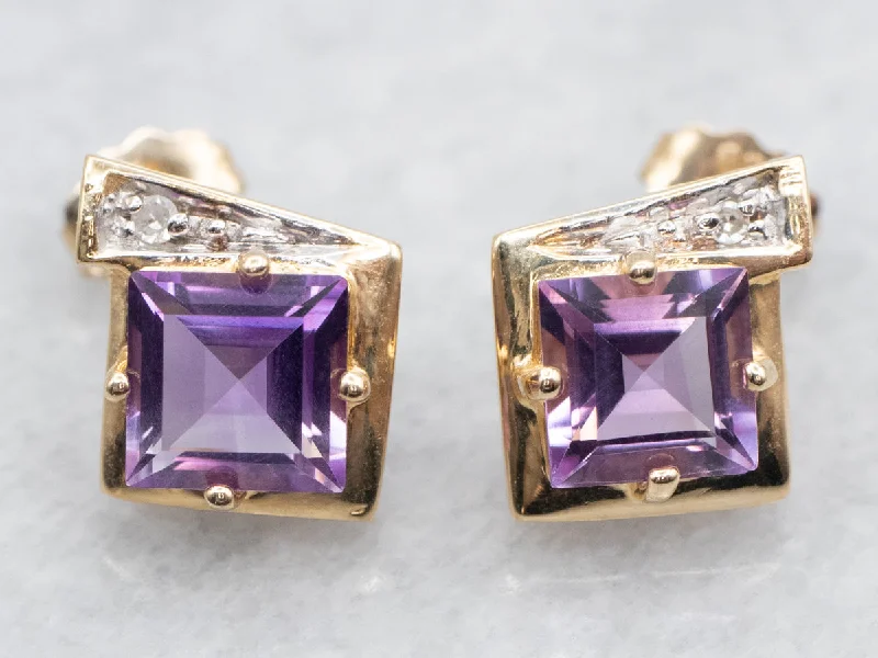 Trendy statement earrings for special occasions -Square Cut Amethyst and Diamond Stud Earrings