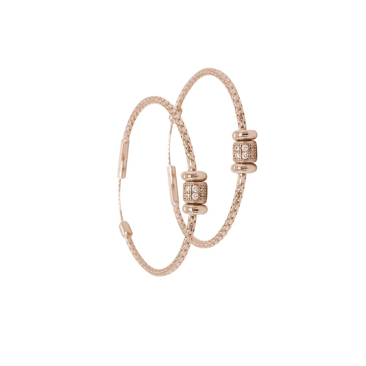 Luxury earrings with diamonds and emeralds -Rose Gold Finish Sterling Silver Corean Cable Hoop Earrings with a Barrell with Simulated Diamonds