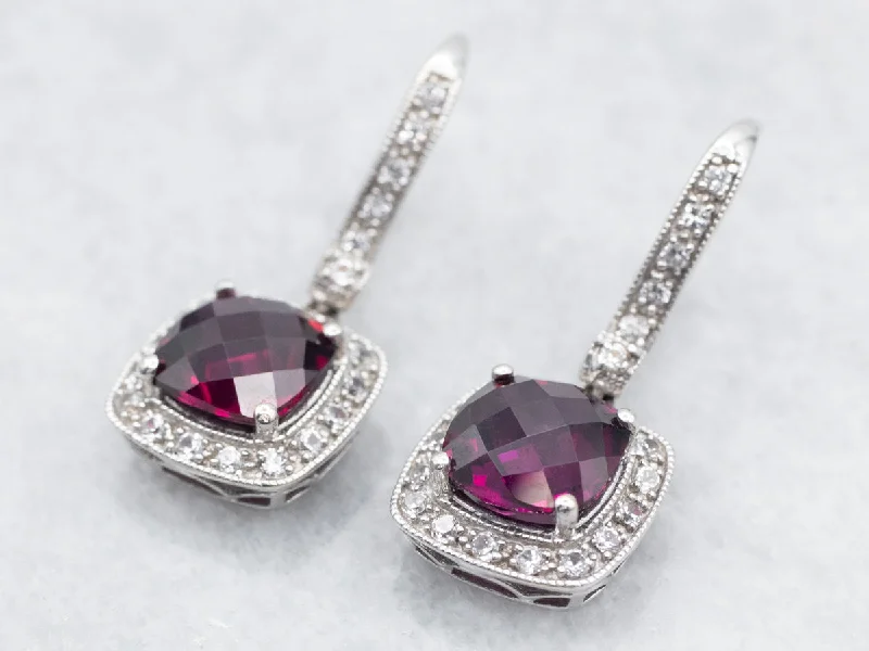 Custom diamond earrings for luxury gifts -Rhodolite Garnet Drop Earrings with Diamond Halo