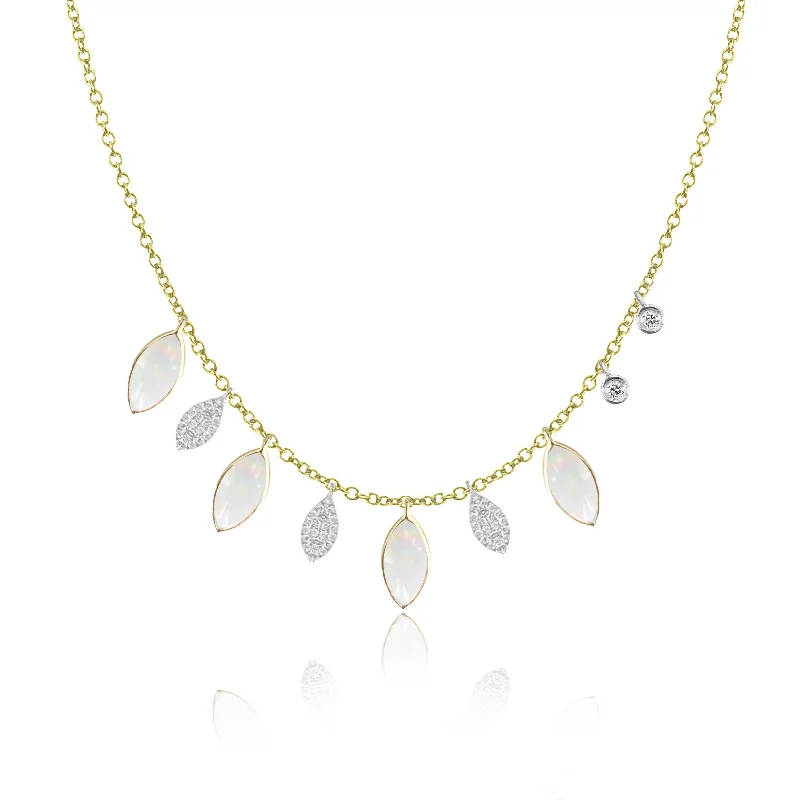 Custom gemstone necklaces for birthstone jewelry -White Opal and Diamond Fringe Necklace