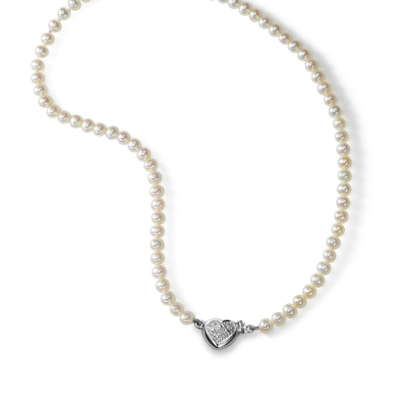 Trendy layered necklaces with different textures -Petite Freshwater Pearl Necklace, With Heart Clasp, 14K White Gold