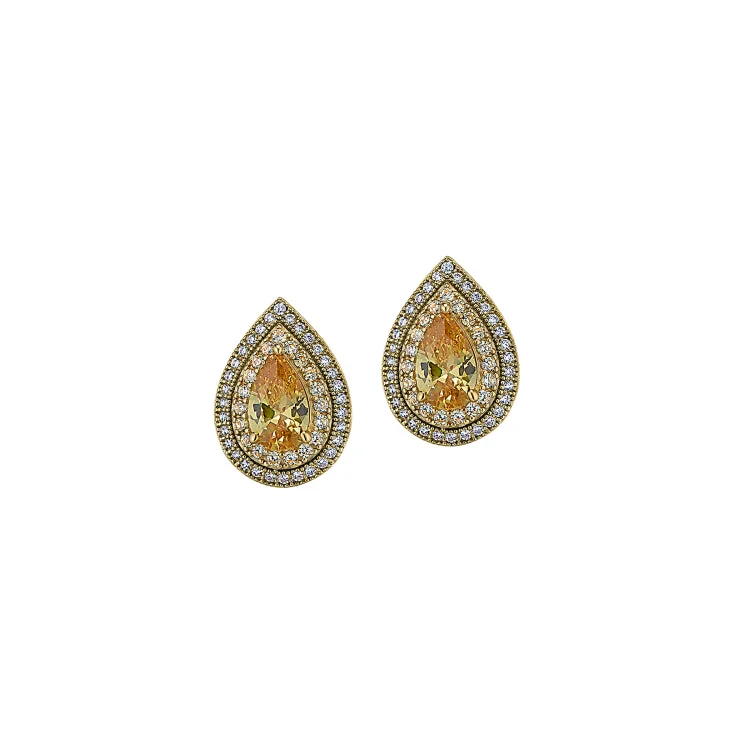 Long silver earrings for evening events -Gold and Platinum Finish Sterling Silver Micropave Pear Shaped Earrings with a Canary Colored Stone and Simulated Diamonds