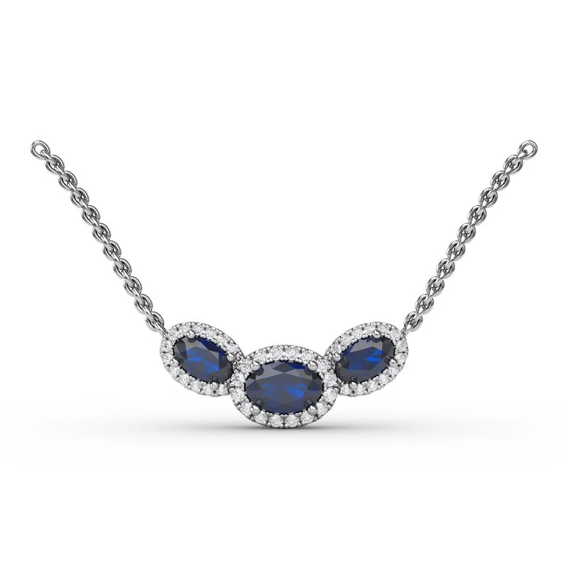 Boho-style crystal necklaces for laid-back fashion -FANA Sapphire and Diamond Three-Stone Oval Pendant P1644S