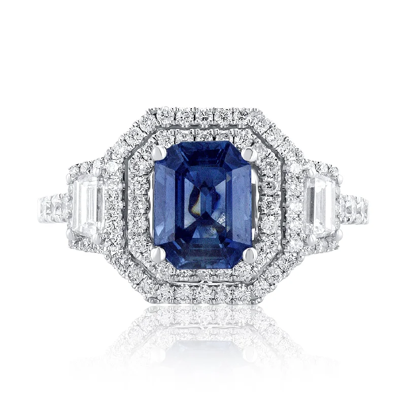 Handcrafted rings with intricate designs -1.70 CT Sapphire/1.01 TW Natural Diamond Double Halo Ring in 18K White Gold