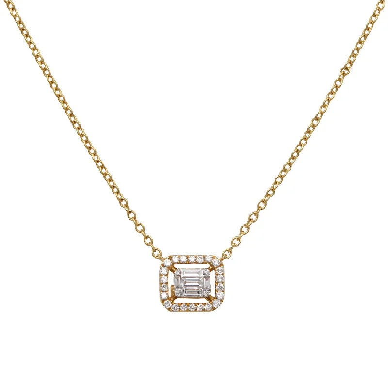 Trendy layered gold necklaces for modern style -Baguette Diamond and Halo Necklace, 18K Yellow Gold