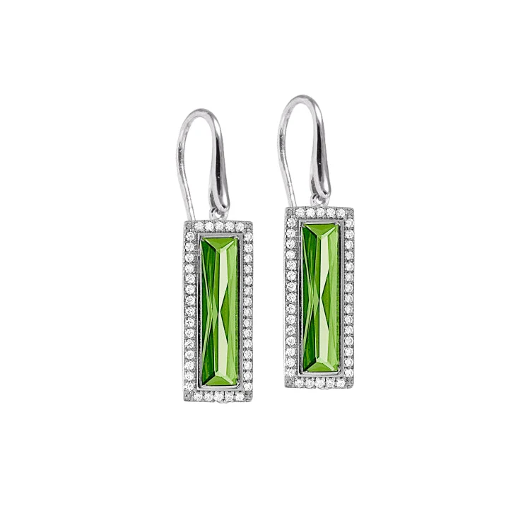 Stylish clip-on earrings for non-pierced ears -Rhodium Finish Sterling Silver Earrings with Rectangular Simulated Peridot Stones and Simulated Diamonds