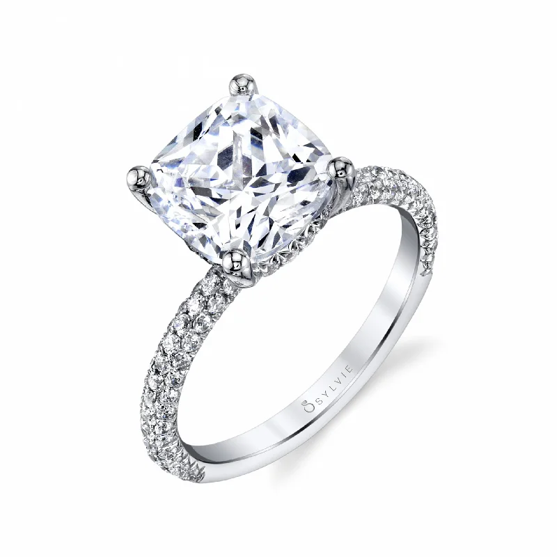 Boho-style silver rings for free-spirited fashion -Sylvie Cushion Cut Solitaire Engagement Ring With Pave Diamonds S1633-CU