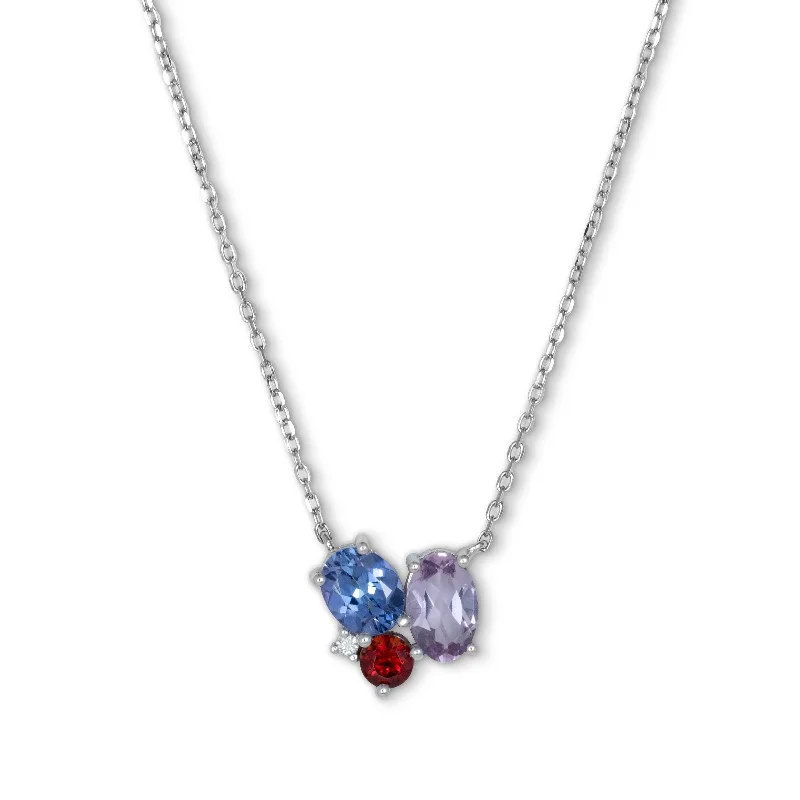 Fashionable crystal chain necklaces for everyday wear -Multi Gemstone Cluster Necklace with Diamond Accent, Sterling Silver