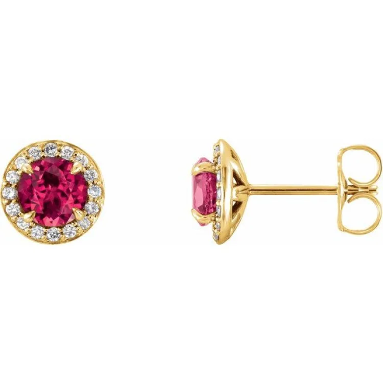 Luxury diamond earrings for evening wear -14K Yellow 3.5 mm Lab-Grown Ruby & 1/8 CTW Natural Diamond Earrings