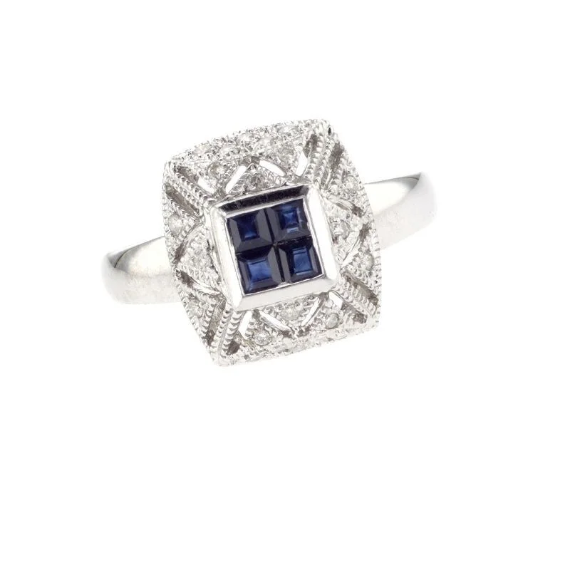 Custom gemstone cocktail rings for a pop of color -14K White Gold 0.30 CT Round Diamond and 0.15 CT Princess Cut Blue Sapphires Tile Vintage Style Estate Ring