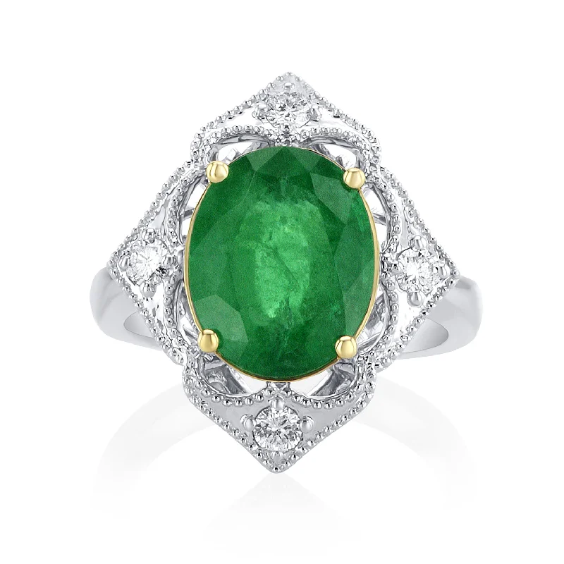 Fashionable wrap-around rings for chic outfits -3.79 Carat Natural Emerald & Diamond Halo Ring in 18K White & Yellow Gold