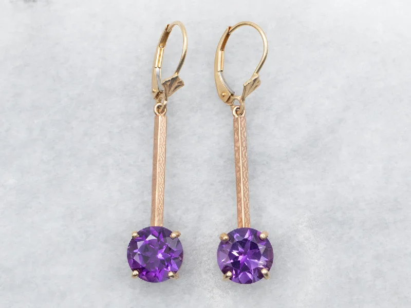 Elegant hoop earrings for bridal wear -Two Tone Yellow and Rose Gold Round Cut Amethyst Bar Drop Earrings