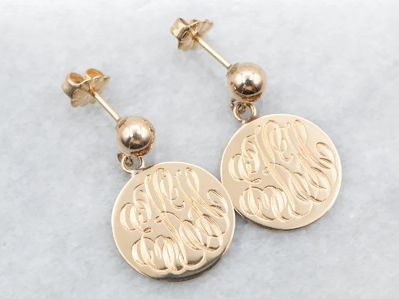 Vintage-inspired stud earrings with rhinestones -Yellow Gold "EKH" Monogrammed Disc Drop Earrings