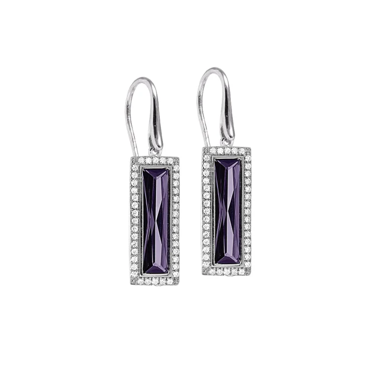 Simple gemstone stud earrings for everyday elegance -Gold Finish Sterling Silver Earrings with Rectangular Simulated Amethyst Stones and Simulated Diamonds