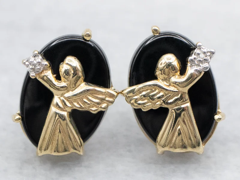 Vintage gold earrings for timeless elegance -Yellow Gold Black Onyx and Diamond Stud Earrings with Angel