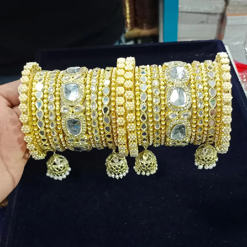 Trendy cuffs and bangles for bold looks -Pooja Bangles Gold Plated Pearl And Kundan Stone  Bangle Set