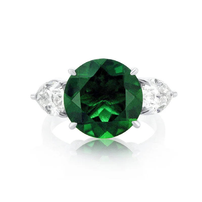 Designer engagement rings with diamond accents -5.41 Carat Lab Created Green Emerald and Diamond 3 Stone Ring in Platinum