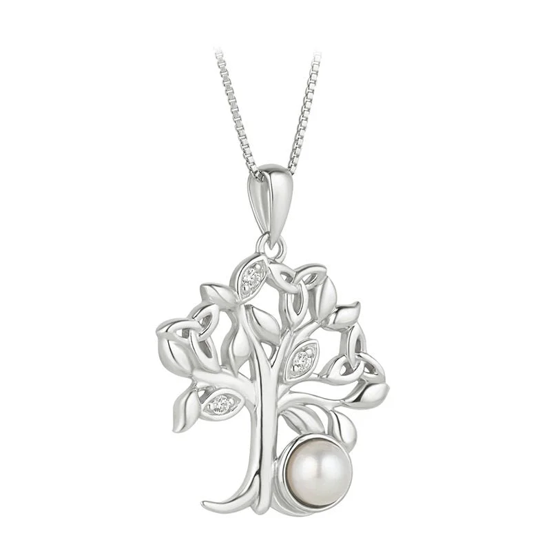 Elegant gemstone necklaces for upscale fashion -Sterling Silver Freshwater Pearl Trinity Knot Tree of Life Pendant with Chain - S47061