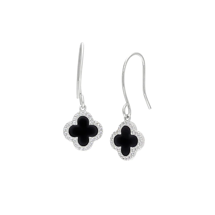 Silver dangly earrings with colorful stones -Platinum Finish Sterling Silver Micropave Black Enamel Clover Earrings with Simulated Diamonds