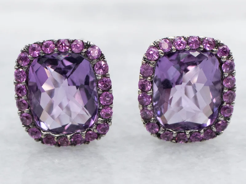 Trendy ear cuffs with gemstone embellishments -Amethyst Stud Earrings with Pink Sapphire Halo