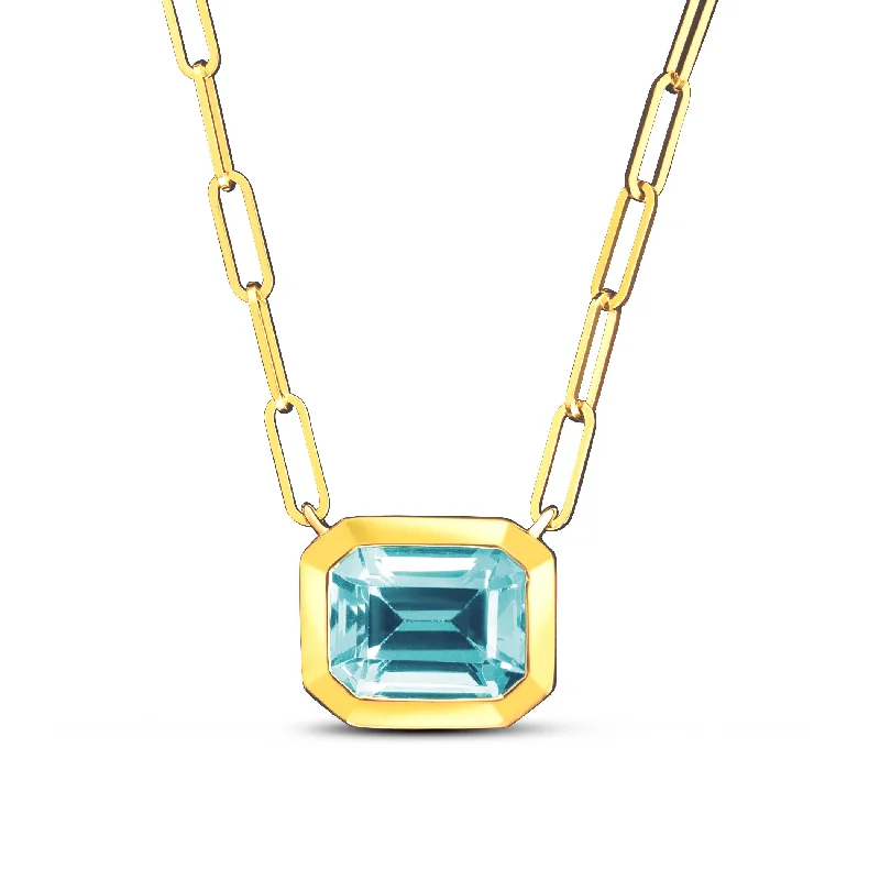 Elegant chain necklaces for effortless style -Emerald Cut Blue Topaz Paperclip Necklace in 14K Yellow Gold