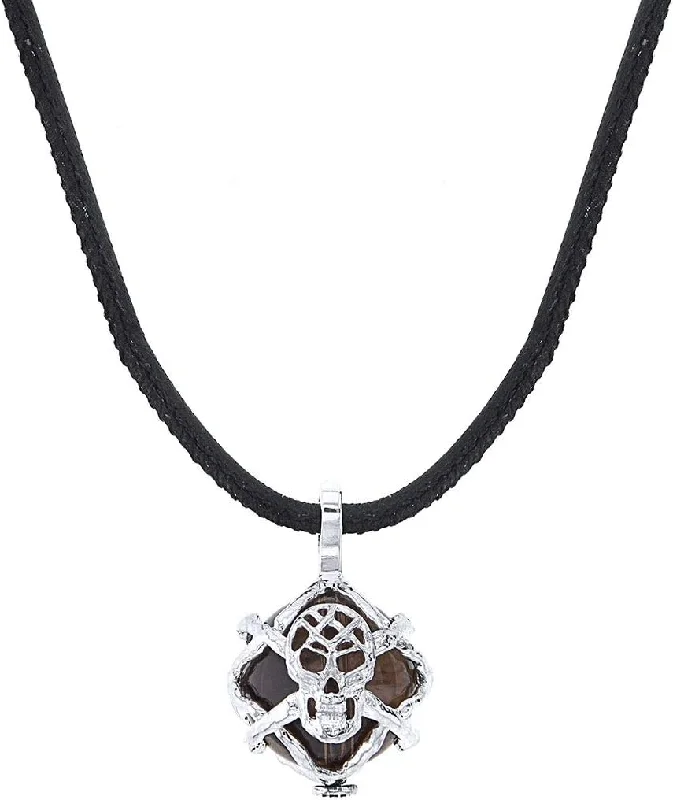 Fashionable layered necklaces with charms -William Henry Sterling Silver Two-Tone P46 SQ Purpose Smoky-Quartz Skull Necklace with Leather Cord 23"