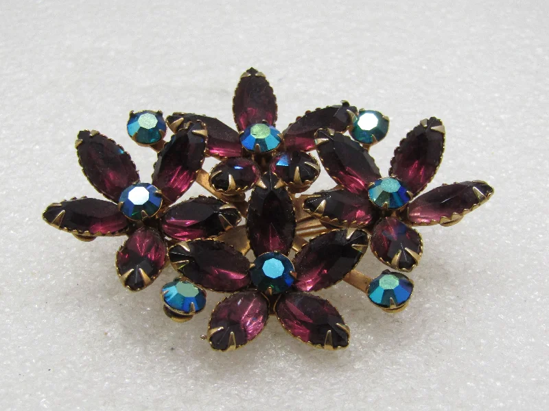 Brooch for dress-up-Vintage  Purple & Peachock A.B. Rhinestone Blossom Brooch, 1960's