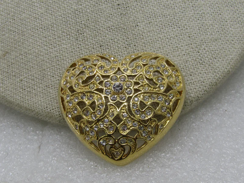 Boho-style brooch-Vintage Napier Rhinestone Heart Brooch, Gold Tone, 1.75" 1980's-1990s