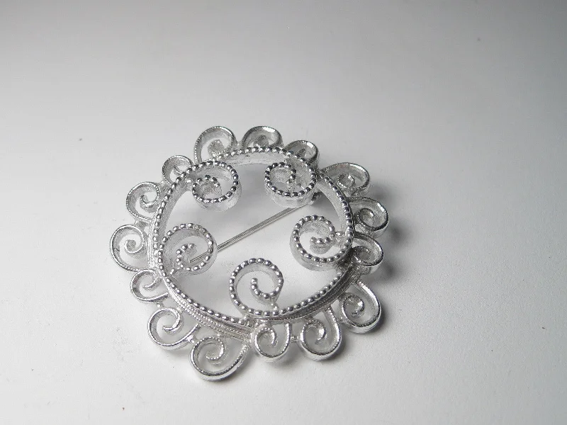 Vintage floral design brooch-Vintage Silver Tone Spiral Scrolled Circle Brooch, Sarah Coventry, 1970's