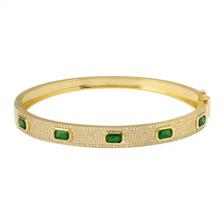 Cuff bracelets-14k Yellow Gold Emerald Diamond Bangle