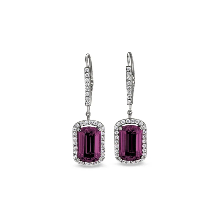 Trendy silver earrings with geometric shapes -Platinum Finish Sterling Silver Micropave Emerald Cut Pink Stone Earrings with Simulated Diamongs