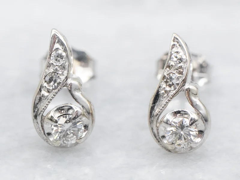 Sparkling earrings with cubic zirconia stones -Retro White Gold Diamond Stud Earrings