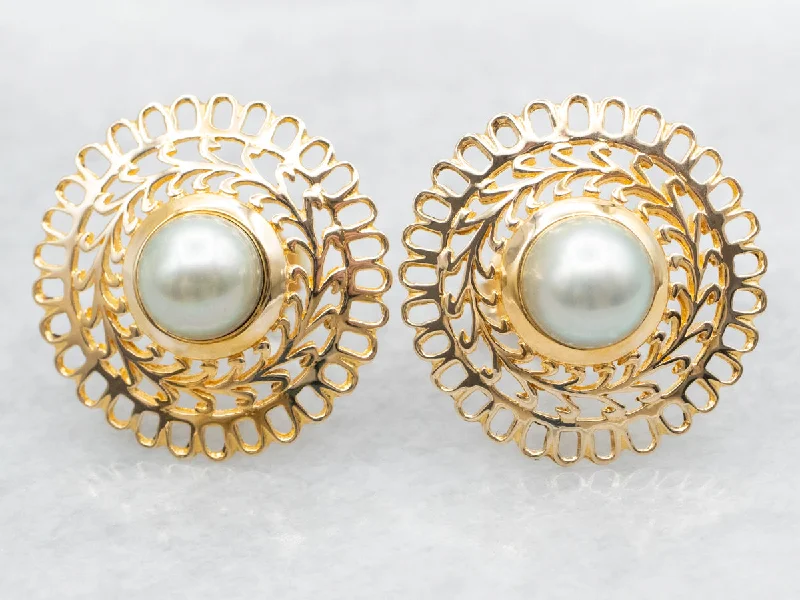 Simple pearl earrings for daily wear -Gray Pearl Stud Earrings with Openwork Frame