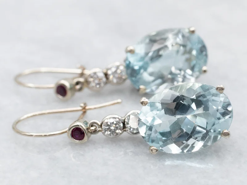 Elegant drop earrings with sparkling stones -Blue Topaz Diamond and Ruby Drop Earrings