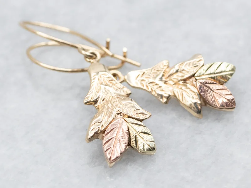 Simple gold earrings for understated elegance -Tri Color Botanical Gold Drop Earrings