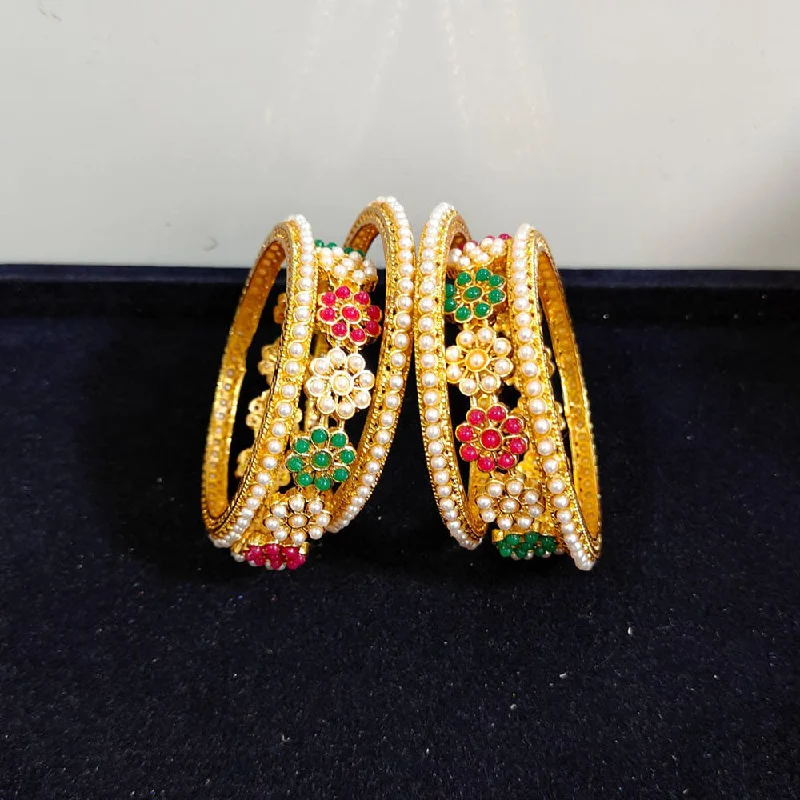 Vintage coin bangles for retro fashion -Pooja Bangles Gold Plated Crystal Stone And Pearls Bangles Set