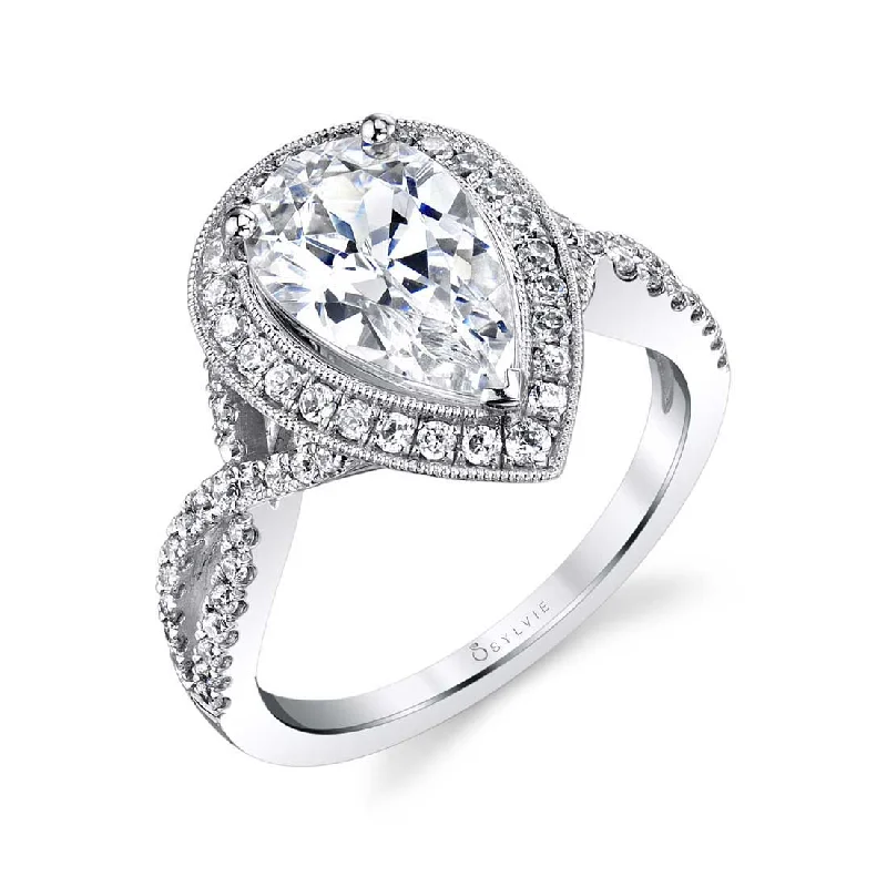 Fashionable statement rings with rhinestones -Sylvie Pear Shaped Engagement Ring With Halo S1776