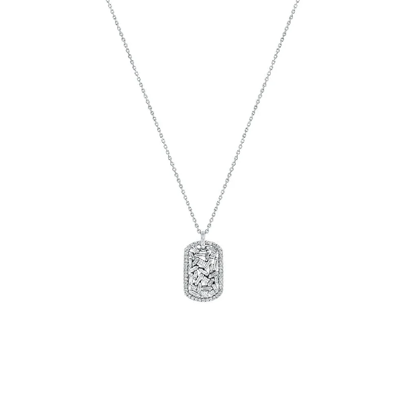 Custom birthstone pendant necklaces for personalized gifts -18 Karat White Gold mini Dog Tag necklace with Baguette and Round diamonds