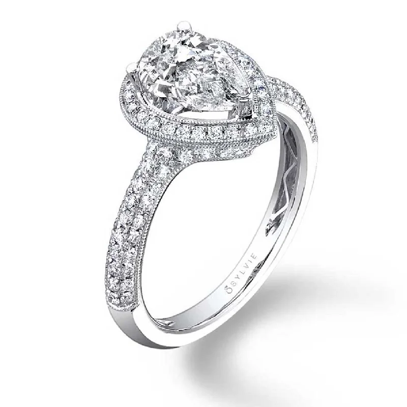 Sterling silver rings for delicate beauty -Sylvie Pear Shaped Engagement Ring With Halo SY096