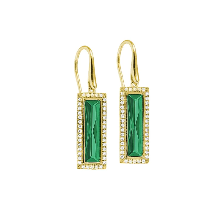 Personalized pearl drop earrings for bridesmaids -Gold Finish Sterling Silver Earrings with Rectangular Simulated Emerald Stones and Simulated Diamonds