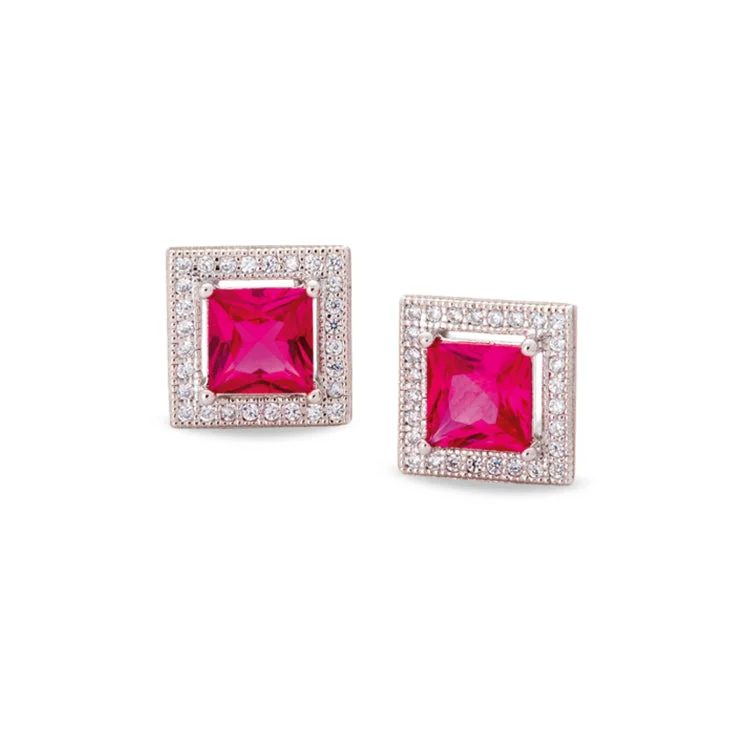 Custom star earrings for a personalized touch -Platinum Finish Sterling Silver Micropave Simulated Ruby Princess Cut Earrings with 58 Simulated Diamonds