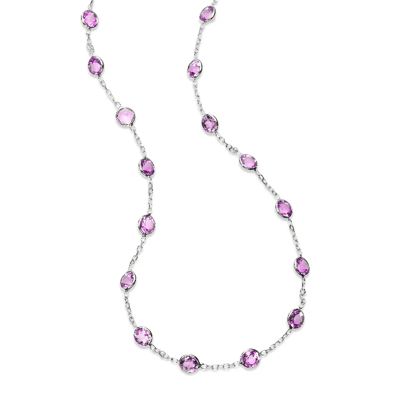 Heart-shaped necklaces for romantic gifts -Bezel Set Amethyst Station Necklace, 18 Inches, 14K White Gold