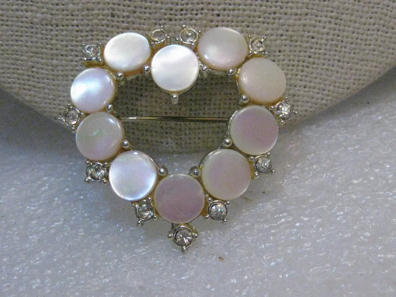 Brooch for vintage outfits-Vintage Mother-of-Pearl Heart Brooch w/Rhinestones, Pink, 1.5", Silver Tone, 1960's