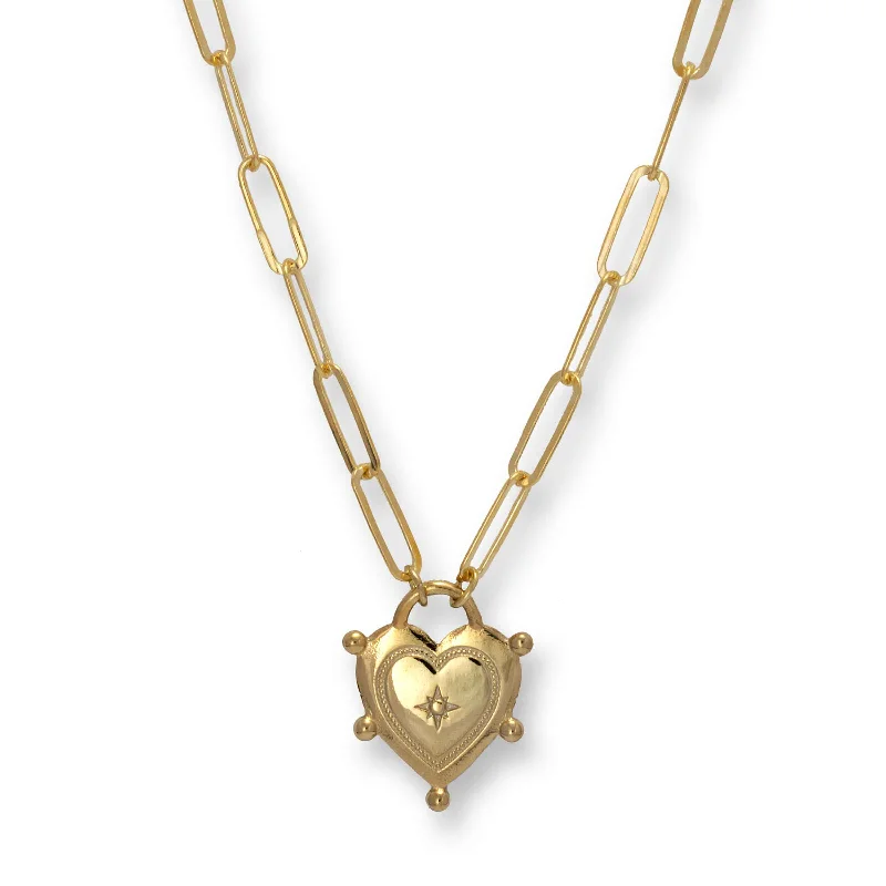 Handcrafted artisan necklaces with unique designs -Heart Lock on Paperclip Necklace, Gold Plated